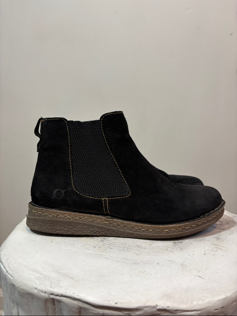 Born Women's Faline Black Distressed Suede Lug Sole Chelsea Boot Contrast Stitch